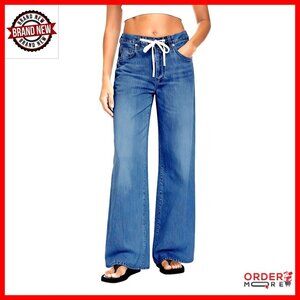 High Waist Wide Leg Stretch Jeans Drawstring Waist Casual Denim Pants